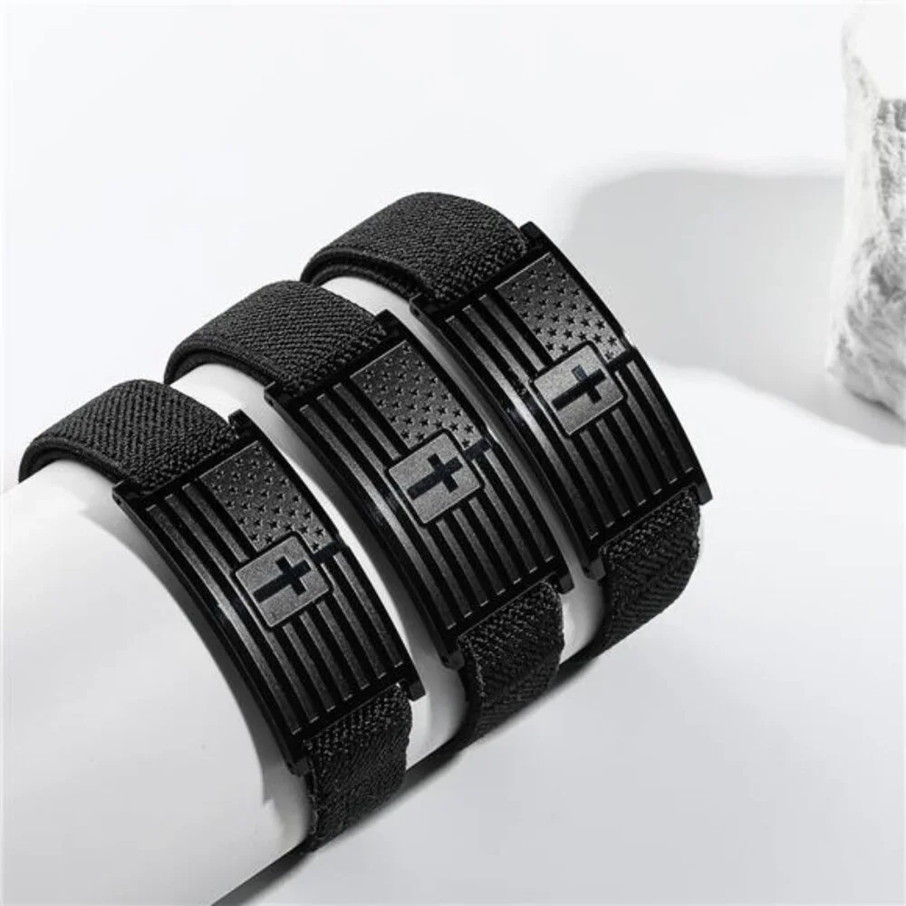 American Flag Cross Bracelet for Men Women, Black Elastic Stretch Strap